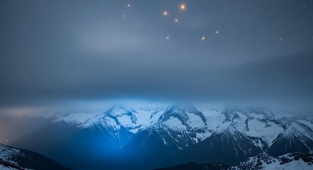 Starry night sky over snow-covered mountain range with dramatic cloud formations peak