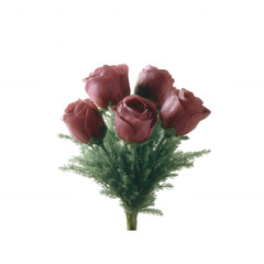 A beautiful bouquet of five artificial roses in shades of pink and red, surrounded by lush green leaves, ideal for decoration or gifting.