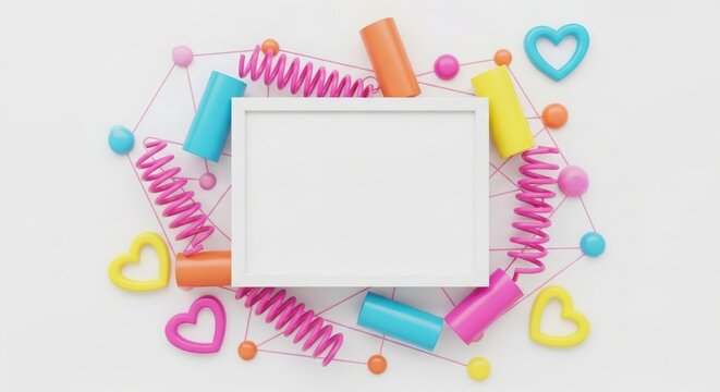 A whimsical arrangement of colorful candies and sweet treats surrounding a blank white square frame