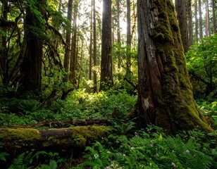 Obraz premium Sunlight filters through lush forest canopy, illuminating moss-covered trees