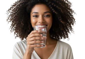 Smiling woman drinking water isolated on transparent background