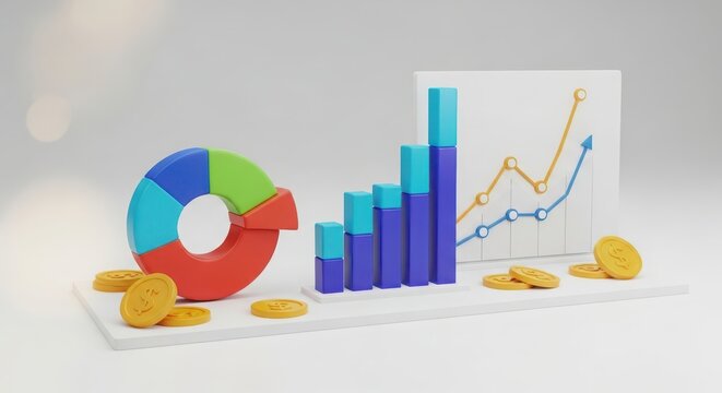 Colorful 3d data visualization with pie chart bar graph and line chart on a white surface - Powered by Adobe
