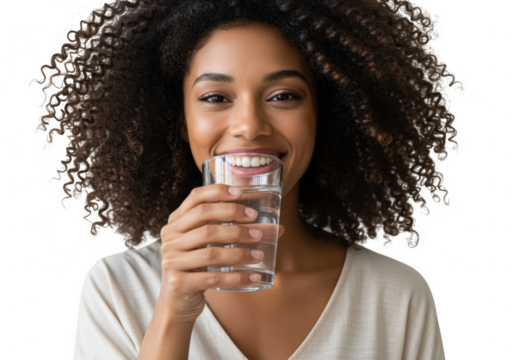 Smiling woman drinking water isolated on transparent background
