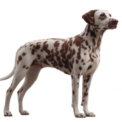 A beautiful dog with a unique coat pattern, featuring brown and white spots, standing gracefully against a white isolated background.