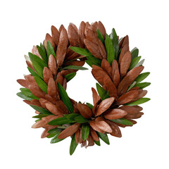 A beautiful decorative wreath made of green and brown leaves, perfect for home decor, celebrations, or seasonal decoration, set against a clean white background.