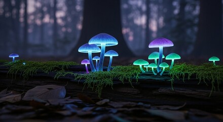 Enchanting bioluminescent mushrooms glow vibrantly in a mystical forest setting at twilight