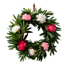 A beautiful floral wreath adorned with vibrant pink and white flowers, perfect for decoration or seasonal celebrations, set against a white isolate background.