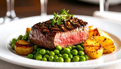Grilled steak with roasted potatoes and peas