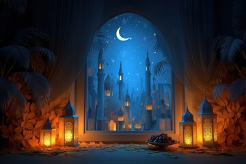 A glowing crescent moon illuminates an ornate city skyline viewed from a lantern-lit window, evoking a peaceful, festive night