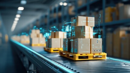 Packages stacked on pallets move along a conveyor belt in a high-tech warehouse with digital tracking overlays