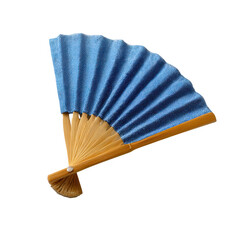 A beautifully crafted blue fan with a bamboo handle, perfect for adding a touch of elegance to any event or as a decorative piece.