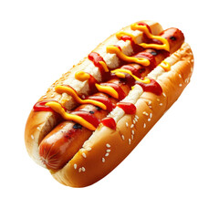 Grilled hotdog with ketchup, mustard, and mayonnaise on a sesame bun