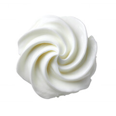 A beautifully swirled dollop of creamy whipped topping, perfect for desserts, presented on a white background for a clean, appealing look.