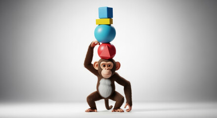 Balancing Monkey Figurine with Colorful Stacked Geometric Shapes in Studio
