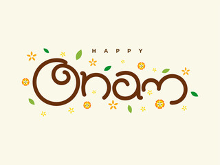 Happy Onam written in English Malayam typography style on a beautiful pastel yellow theme with flowers around in Kerala traditional onam festival theme. © Aysha