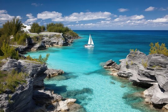 A sailboat glides on crystal-clear turquoise waters surrounded by rocky cliffs and lush greenery under a bright blue sky