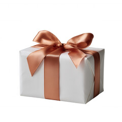 A beautifully wrapped white gift box with a luxurious satin copper ribbon, perfect for celebrations and special occasions. Ideal for showcasing the joy of giving.