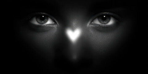 Monochrome face with glowing eyes and heart shaped light