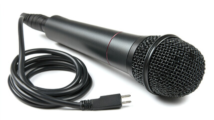 Professional microphone with XLR connection isolated on white, showcasing studio lighting details.