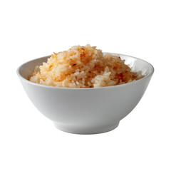 A bowl filled with fluffy, perfectly cooked rice, showcasing its delicate texture and warm color, set against a white background for a clean and appetizing presentation.