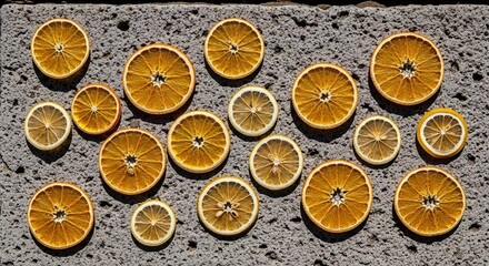 Dehydrated citrus slices in a row creating a pattern for a healthy snack or elegant decoration