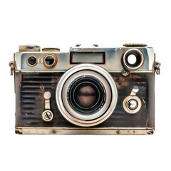 Vintage camera, front view, aged metal and dark paint, detailed components