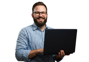 Smiling man with beard and glasses holding a laptop isolated on transparent background