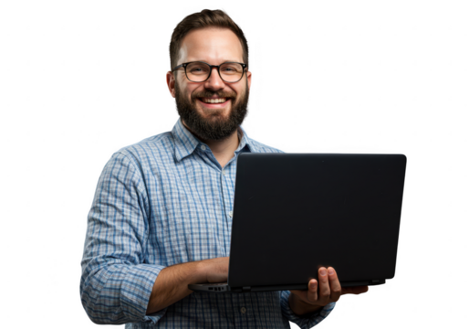 Smiling man with beard and glasses holding a laptop isolated on transparent background