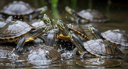 Fototapeta premium Cluster of Pond Turtles Brown Shells, Water Splashes, Aquatic Wildlife