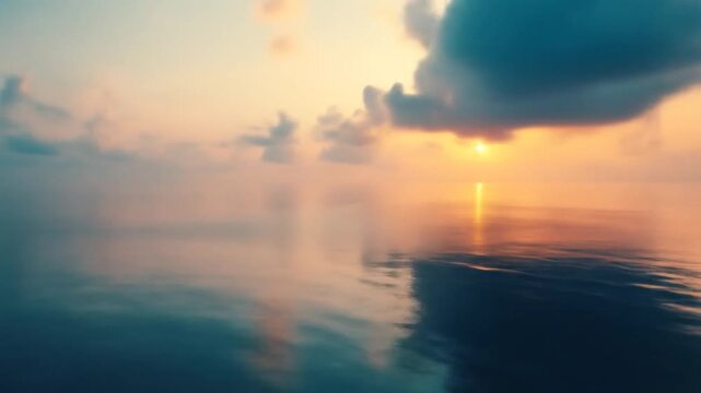 Serene ocean at dawn, light diffused by soft clouds, reflected on still water creating a peaceful, ethereal atmosphere