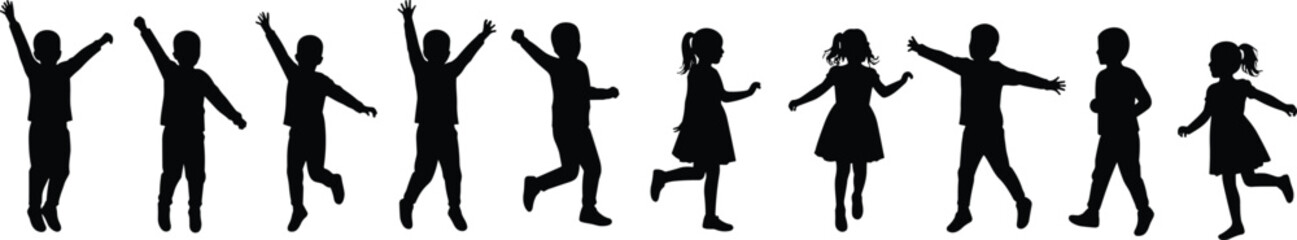 Children dancing and playing, silhouettes, joy, movement, active kids, energetic poses, happiness, ,