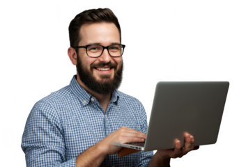 Smiling man with beard and glasses holding a laptop isolated on transparent background