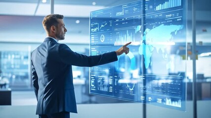 Business professional interacting with futuristic holographic display in modern corporate office - Powered by Adobe