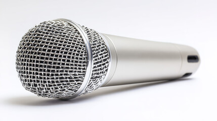 Professional microphone with XLR connection isolated on white, showcasing studio lighting details.