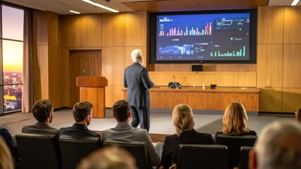 Business Presentation: A Senior Leader Addresses an Audience in a Modern Conference Room Environment