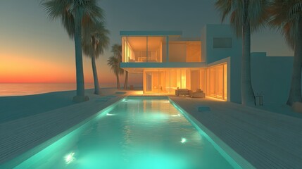 Fototapeta premium Modern beachfront villa with palm trees, illuminated pool, and sunset sky creating a serene and luxurious atmosphere