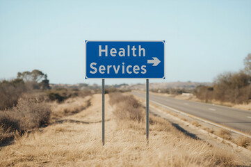 highway, dirt road, desert landscape, blue road sign, "Health Services" text, horizon, wide open space, minimal, simplistic, clean composition,