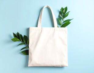 Blank tote bag with green leaves background.
