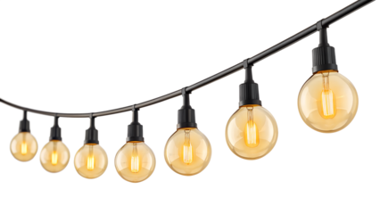 A string of vintage edison style led bulbs with warm glowing light isolated on transparent background