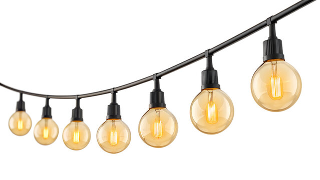 A string of vintage edison style led bulbs with warm glowing light isolated on transparent background