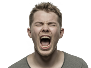 Man screaming with eyes closed in frustration isolated on transparent background