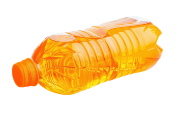 Orange liquid filled plastic bottle, refreshment and hydration concept