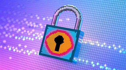 Pixelated padlock symbolizes digital security and data protection in a vibrant, futuristic network environment