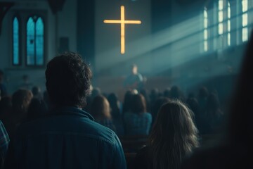 A congregation gathers in a sunlit church, facing a glowing cross at the front, evoking a sense of community and spirituality