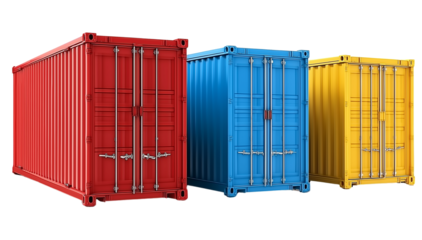 A stack of three shipping containers isolated on a white background, 