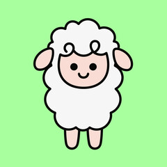 Adorable cartoon illustration of a fluffy white sheep with a smiling face on a green background, a charming and friendly animal character.
