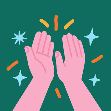 Cheerful cartoon illustration of two hands clapping in a high-five gesture with sparkling effects, symbolizing success and celebration.