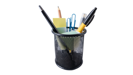 Office pen and clip holder on transparent background