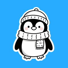Cute cartoon penguin sticker wearing a winter hat and scarf, a charming and adorable illustration for holiday and winter themes.