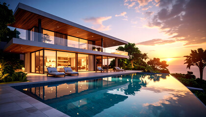 Fototapeta premium Luxurious modern coastal villa with infinity pool, overlooking ocean at sunset.